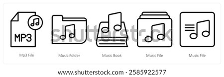 A set of 5 music icons as mp3 file, music folder, music book