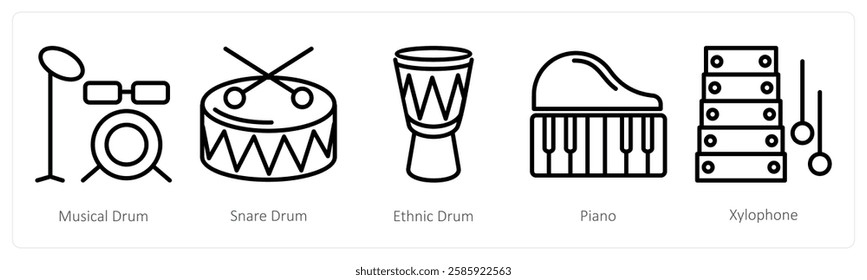 A set of 5 music icons as musical drum, snare drum, ethnic drum