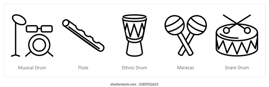 A set of 5 music icons as musical drum, flute, ethnic drum