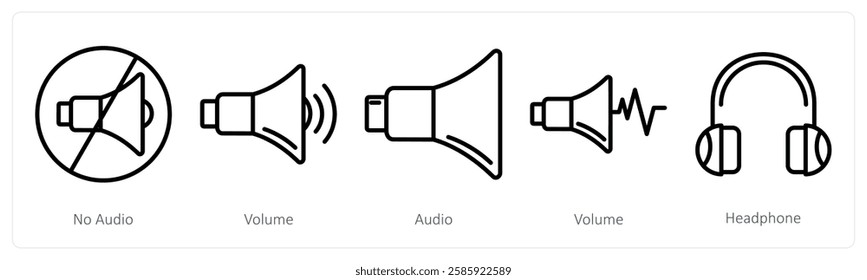 A set of 5 music icons as no audio, volume, audio