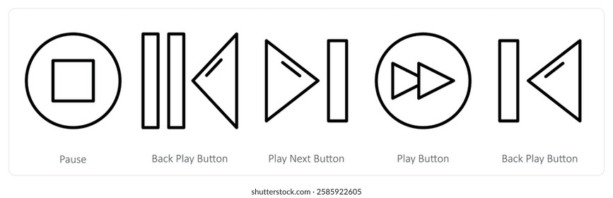 A set of 5 music icons as pause, back play button, play next button