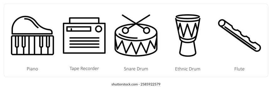 A set of 5 music icons as piano, tape recorder, snare drum