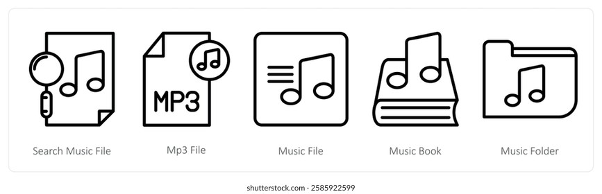 A set of 5 music icons as search music file, mp3 file