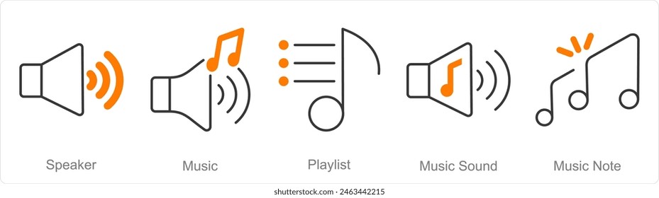 Un conjunto de 5 iconos de música como altavoz, música, lista de reproducción