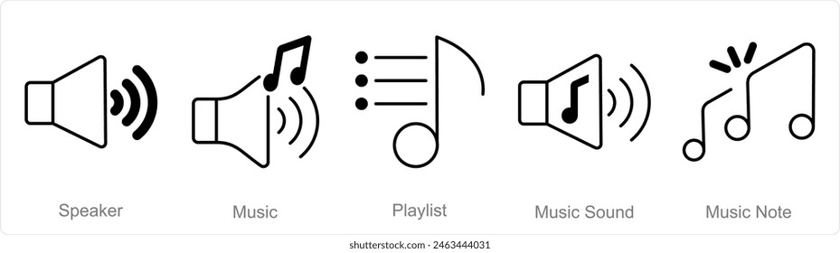 Un conjunto de 5 iconos de música como altavoz, música, lista de reproducción