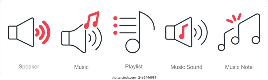 Un conjunto de 5 iconos de música como altavoz, música, lista de reproducción