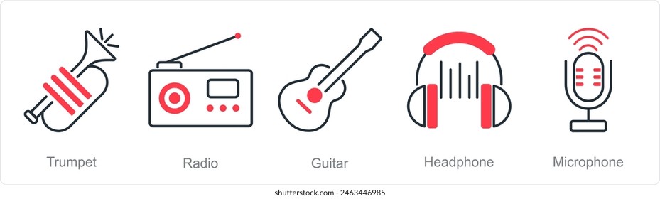 A set of 5 Music icons as trumpet, radio, guitar