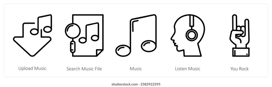 A set of 5 music icons as upload music, search music file, music