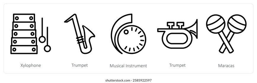 A set of 5 music icons as xylophone, trumpet, musical instrument