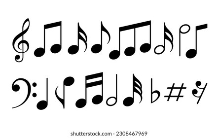 Set of 5 music note icon, flat glyph style, clipart design template, trendy and stylist