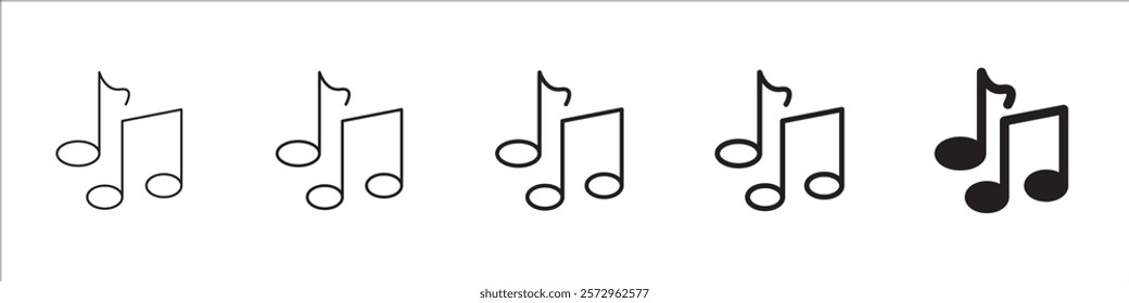 Set of 5 Music note icon - 1 Silhouette - 1 unexpanded vector - Flat icon of a music note or eighth note, music tone, sound