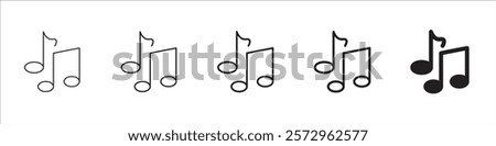 Set of 5 Music note icon - 1 Silhouette - 1 unexpanded vector - Flat icon of a music note or eighth note, music tone, sound