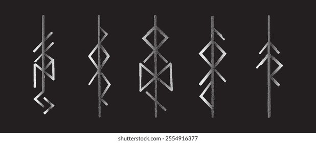 A set of 5 mystery bindrunes Norse deities, drawn in a minimalist dotwork style. The runes are Freya, Odin, Thor, Loki, and Tyr. Monochrome collection of ancient divine symbols rendered in stipple tec