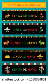 Set of 5 national festival cinco de mayo web banner. Festive pinata and maracas, taco, sombrero and mariachi band on black horizontal banner. Vector illustration for party promo on cinco de mayo