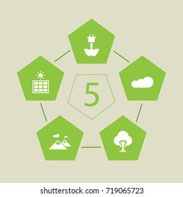 Set Of 5 Natural Icons Set.Collection Of Pinnacle, Overcast, Solar Panel And Other Elements.