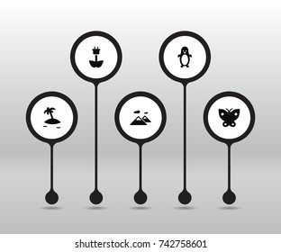 Set Of 5 Nature Icons Set.Collection Of Pinnacle, Moth, Isle Beach And Other Elements.