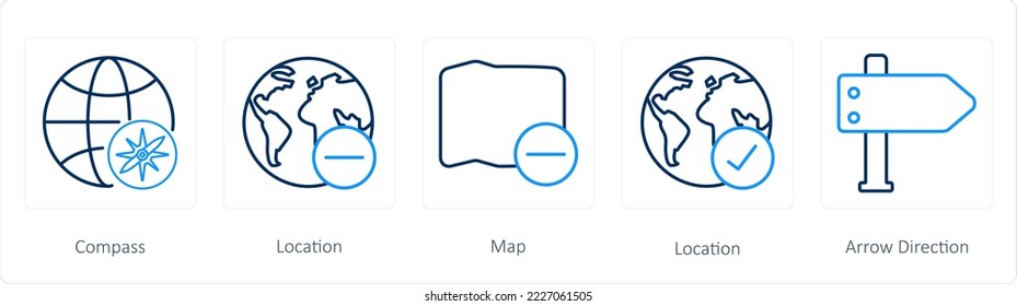 A set of 5 navigation icons such as compass, location