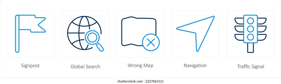 A set of 5 navigation icons such as signpost, global search