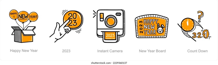 A set of 5 new year icons such as champagne, presents, gifts