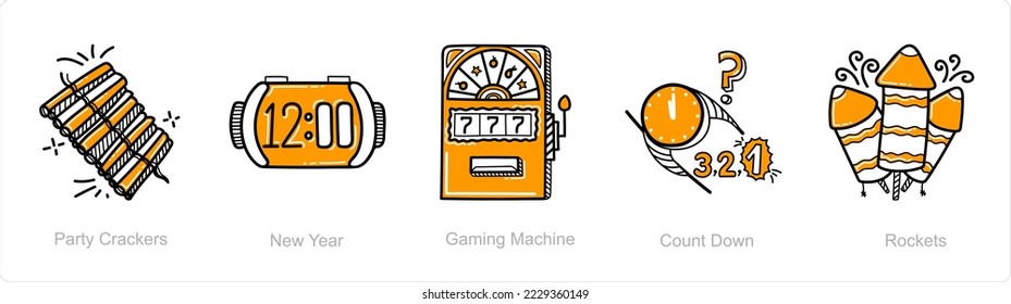 Un conjunto de 5 iconos de año nuevo como galletas de fiesta, máquina de juegos