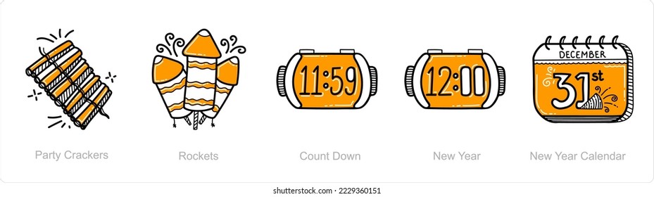A set of 5 new year icons such as party crackers, rockets