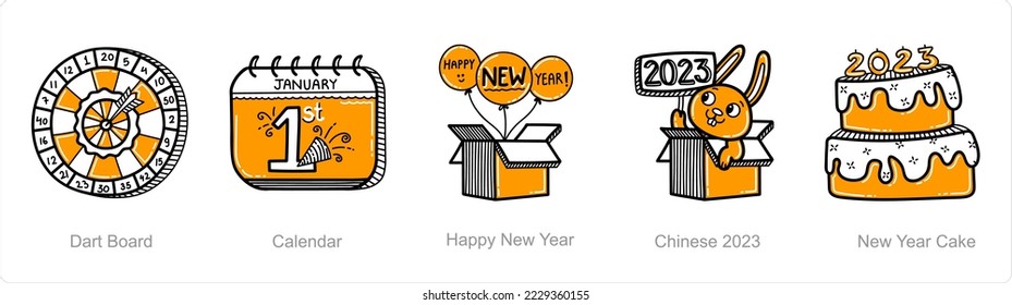A set of 5 new year icons such as dart board, calendar, happy new year