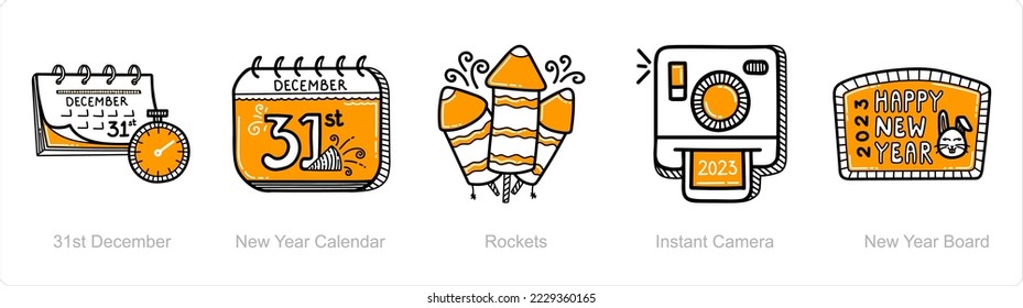 Un conjunto de 5 iconos de año nuevo como el 31 de diciembre, calendario de año nuevo
