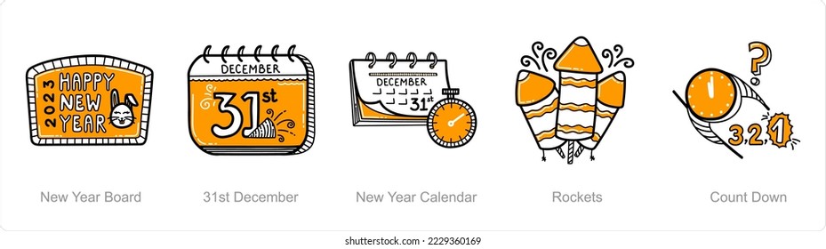 Un conjunto de 5 iconos de año nuevo como el tablero de año nuevo, 31 de diciembre
