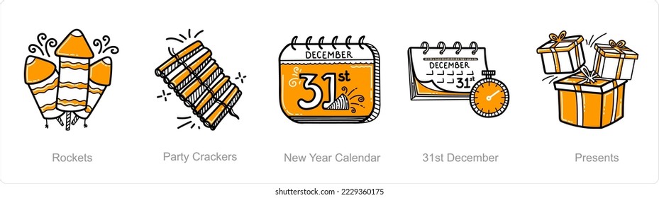 Un conjunto de 5 íconos de año nuevo como cohetes, petardos, petardos de partido