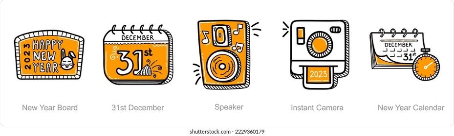 A set of 5 new year icons such as new year board, 31 december