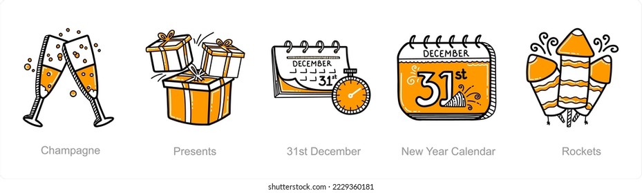 A set of 5 new year icons such as champagne, presents, gifts