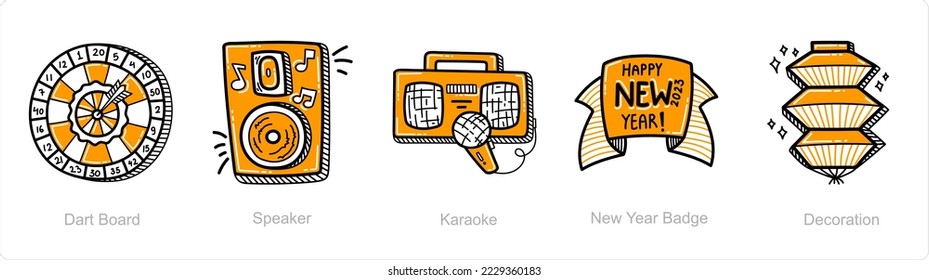 Un conjunto de 5 iconos de año nuevo como dardos, altavoces, música