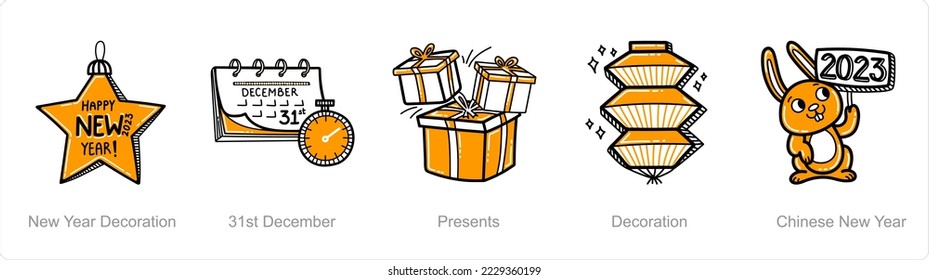 A set of 5 new year icons such as new year decoration, 31 december