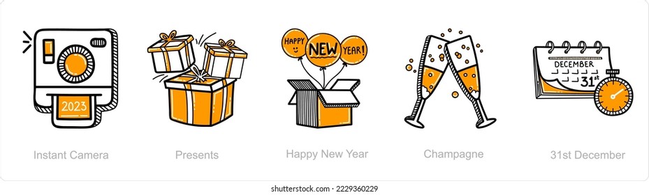 A set of 5 new year icons such as instant camera, photo