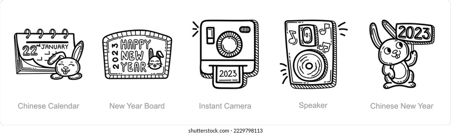 A set of 5 new year icons such as chinese calendar, new year board