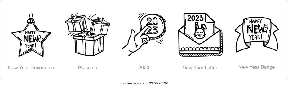 A set of 5 new year icons such as new year deocration, presents