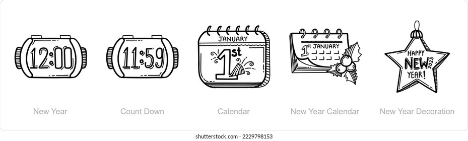 A set of 5 new year icons such as new year, count down, calendar