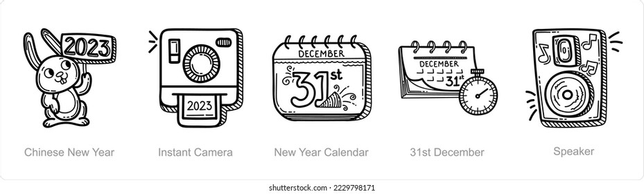 A set of 5 new year icons such as chinese new year, instant camera