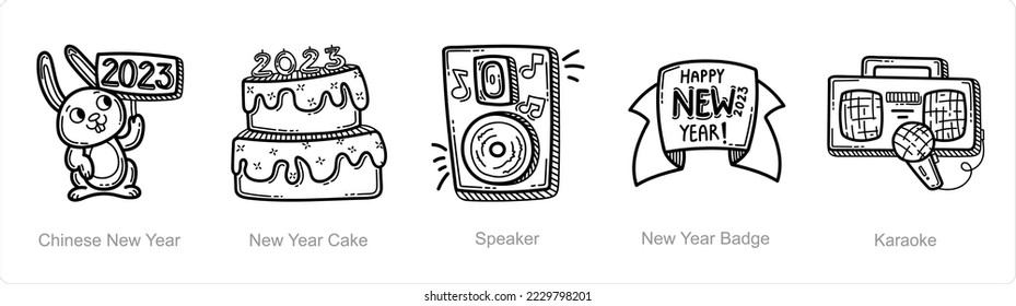 A set of 5 new year icons such as chinese new year, new year cake