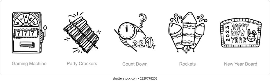 A set of 5 new year icons such as gaming machine, party crackers