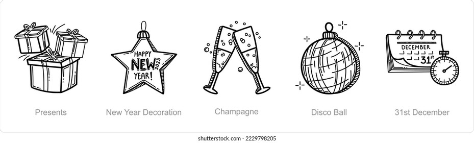A set of 5 new year icons such as presents, gifts, new year decoration