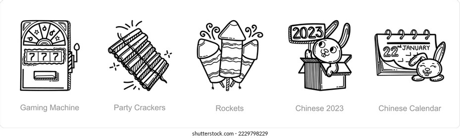 A set of 5 new year icons such as gaming machine, party crackers