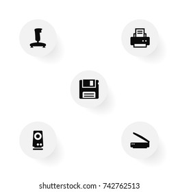 Set Of 5 Notebook Icons Set. Collection Of Joystick, Photocopy, Amplifier And Other Elements.