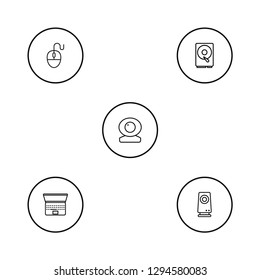 Set of 5 notebook icons line style set. Collection of camera, hard drive, amplifier and other elements.