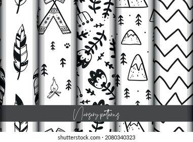 set of 5 nursery patterns decorated with hand drawn lelements: feathers, arrows, trees, tepee, mountains, etc. Good for nursery textile prints, wrapping paper, scrapbooking, wallpaper, etc. EPS 10