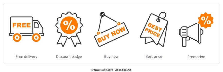 A set of 5 Offer and Sale icons as free delivery, discount badge, buy now