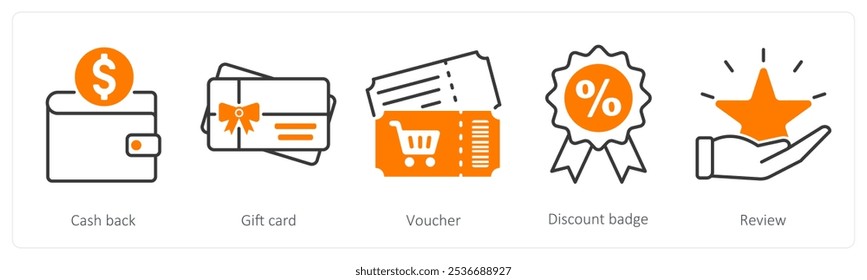 A set of 5 Offer and Sale icons as cash back, gift card, voucher