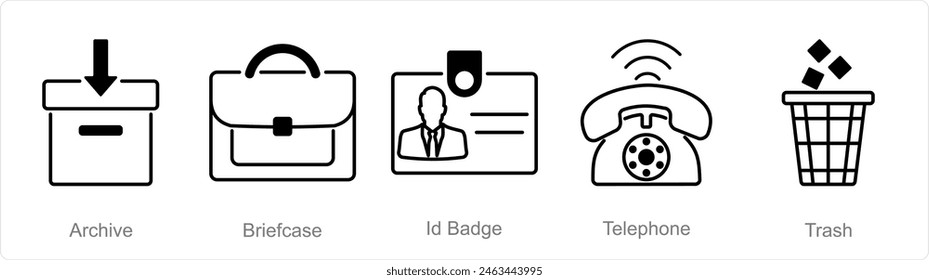 A set of 5 Office icons as archive, briefcase, id badge