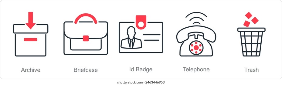 A set of 5 Office icons as archive, briefcase, id badge
