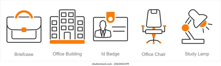 A set of 5 Office icons as briefcase, office building, id badge